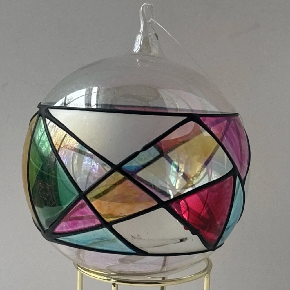 Vintage 70s Hand Painted‎ Stained Glass Ball Ornament Suncatcher Hand blown MCM